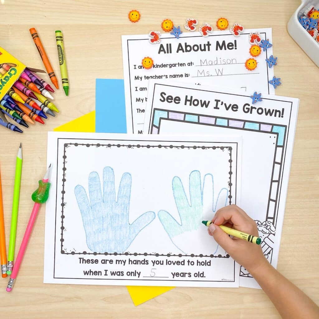 Coloring handprints for a kindergarten writing portfolio