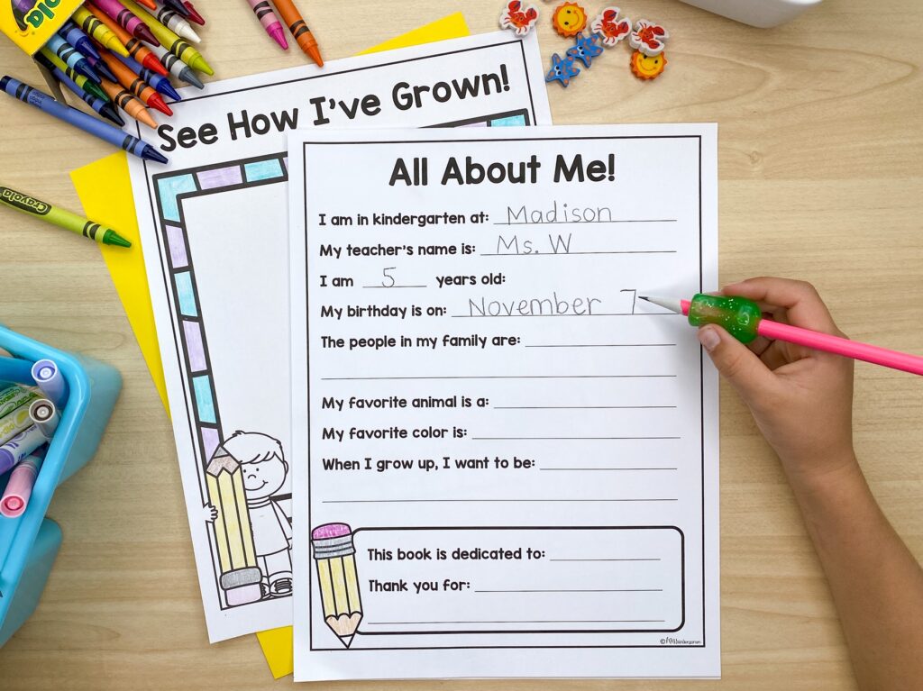 All About Me! page for a kindergarten writing portfolio