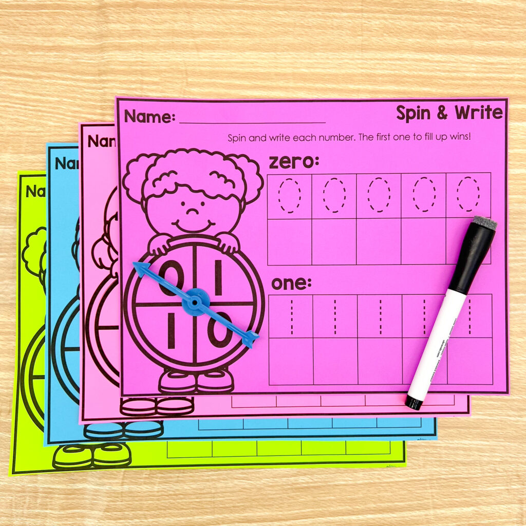Colorful spin and write worksheets
