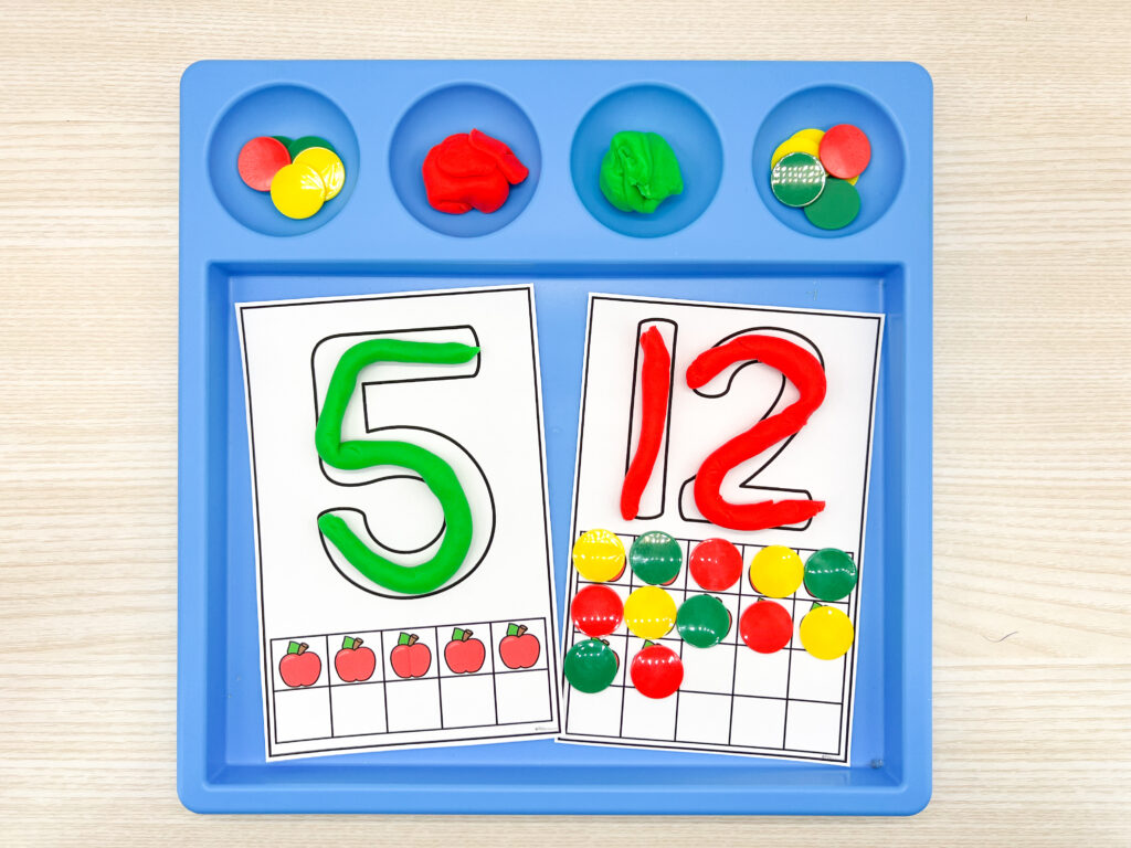 Making numbers with play dough and filling in a ten frame with manipulatives