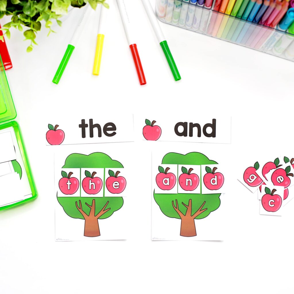 Spelling high frequency words with apple letter cards on. tree task card
