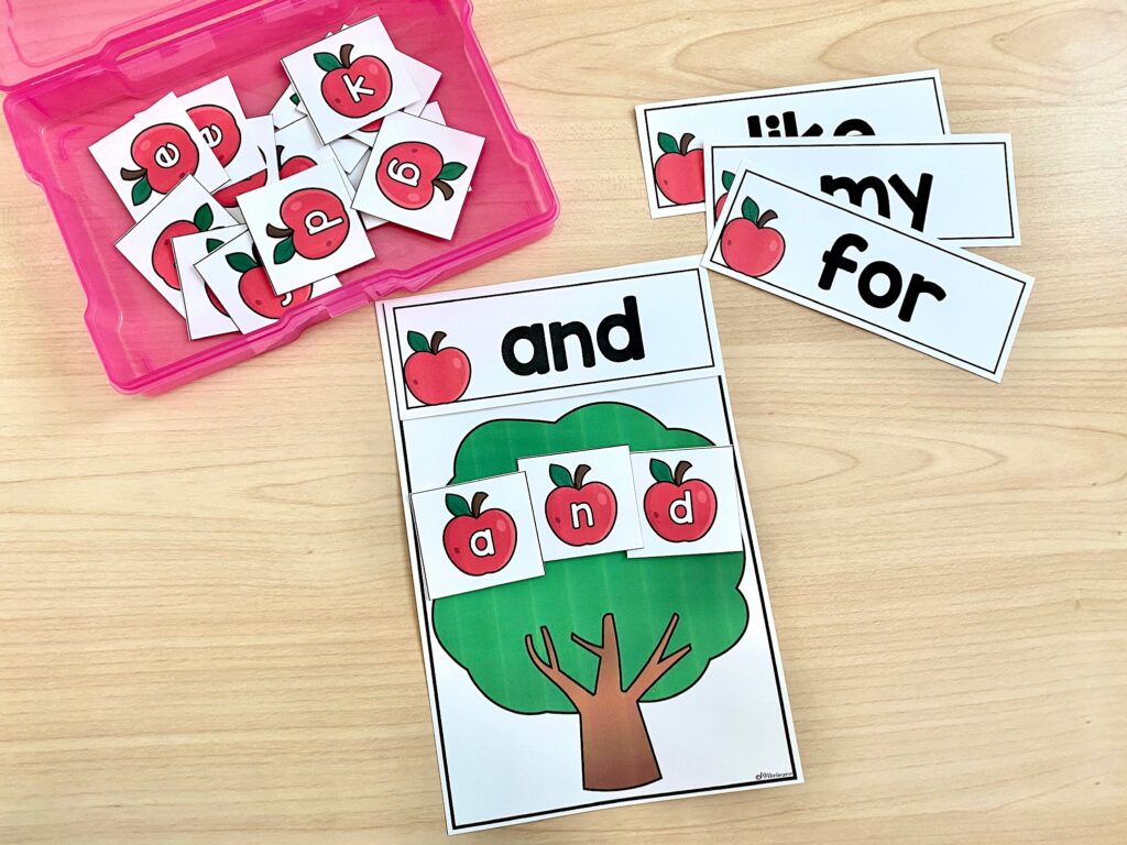 Building a sight word with apple cards