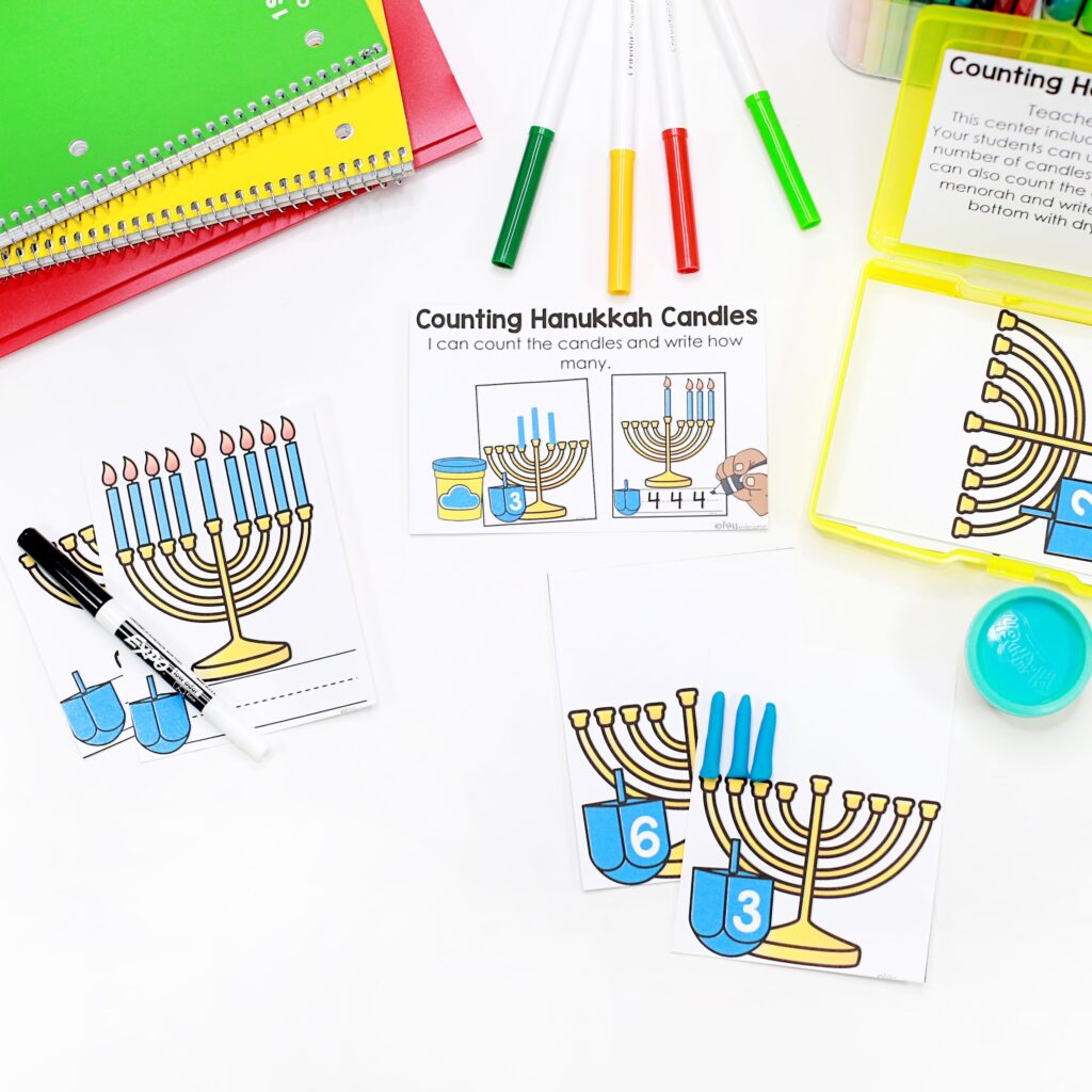 Hanukkah-themed counting activities with menorah cards