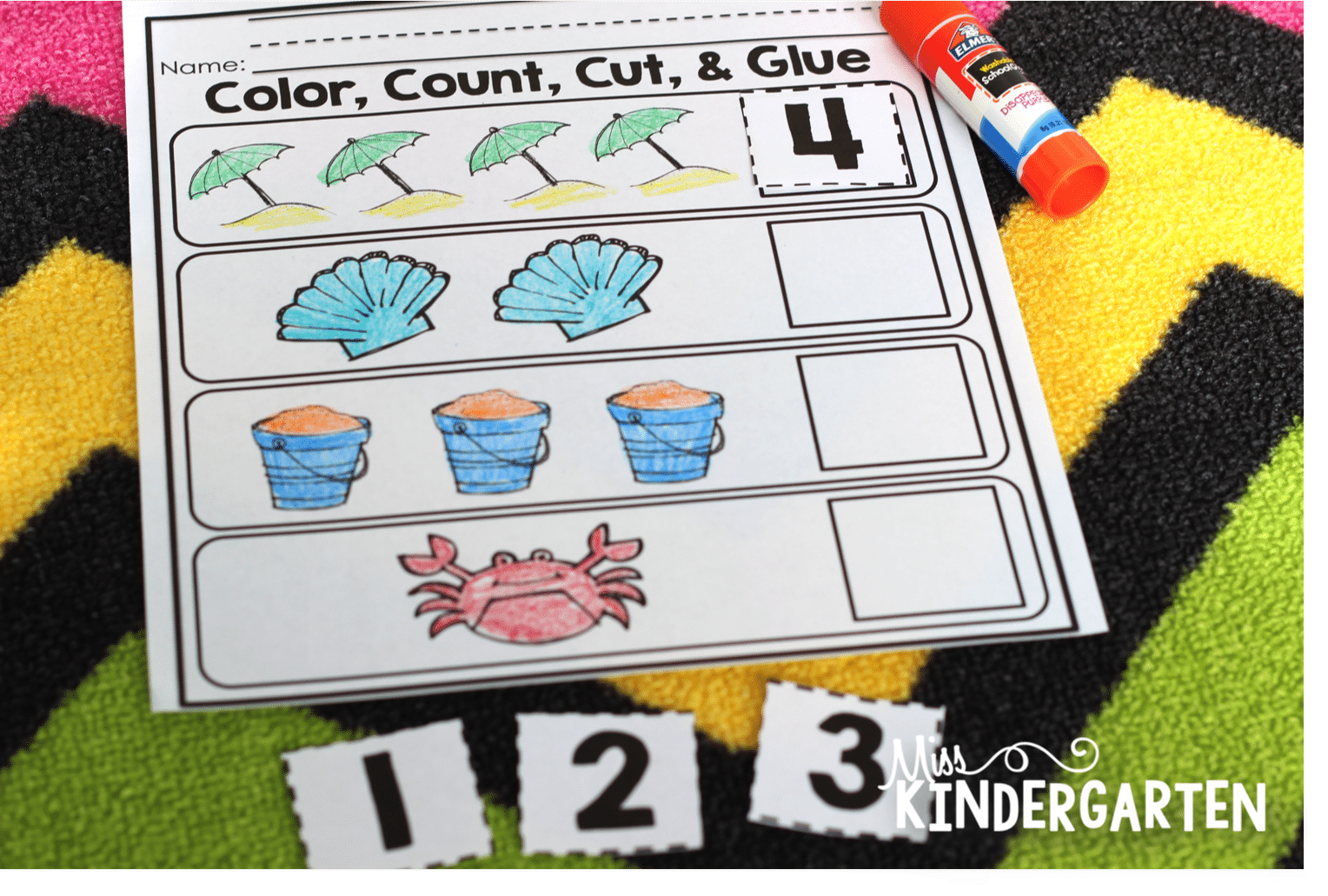 Beach theme Color, Count, Cut & Glue worksheet
