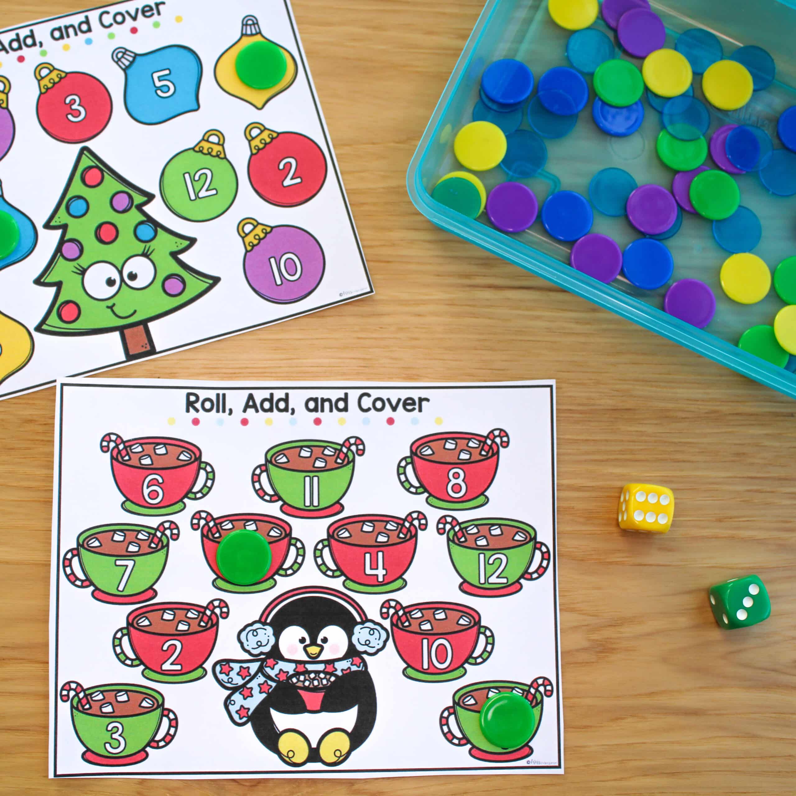 Christmas Theme Roll, Add, and Cover Activity