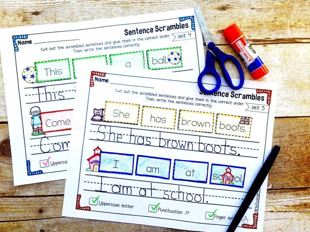 Colored and completed sight word sentence scramble worksheets