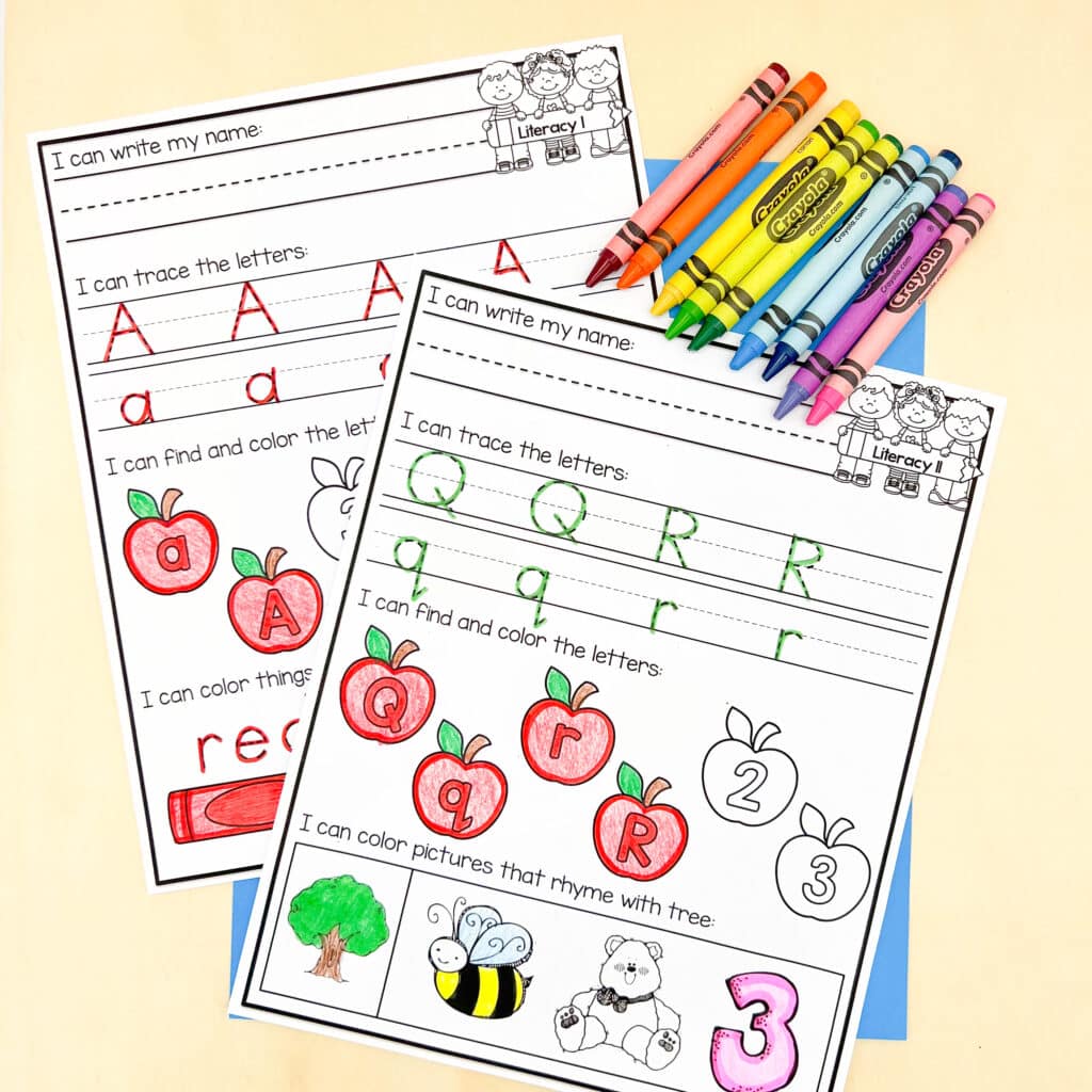 Two literacy morning work printables with letter matching and rhyming