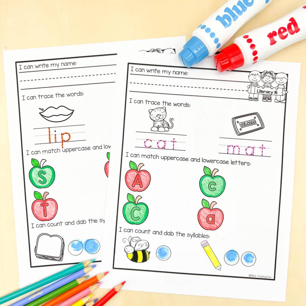 Two literacy morning work printables with a syllable activity and letter matching