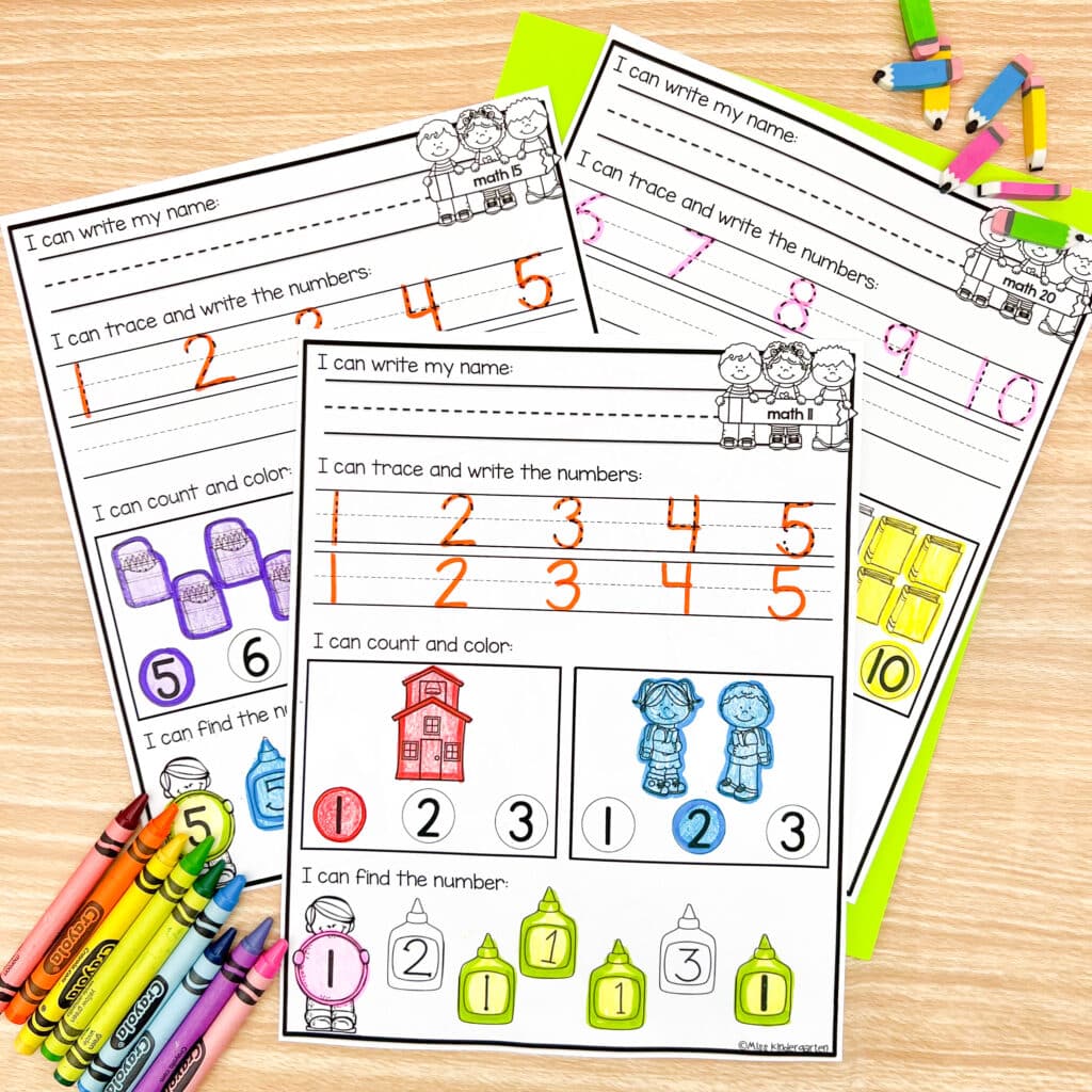 Three math morning work printables with number tracing and identification