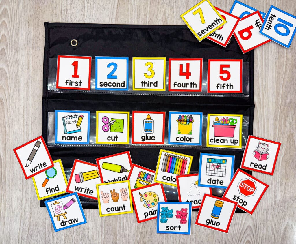 A variety of visual direction cards surround a pocket chart with five directions.