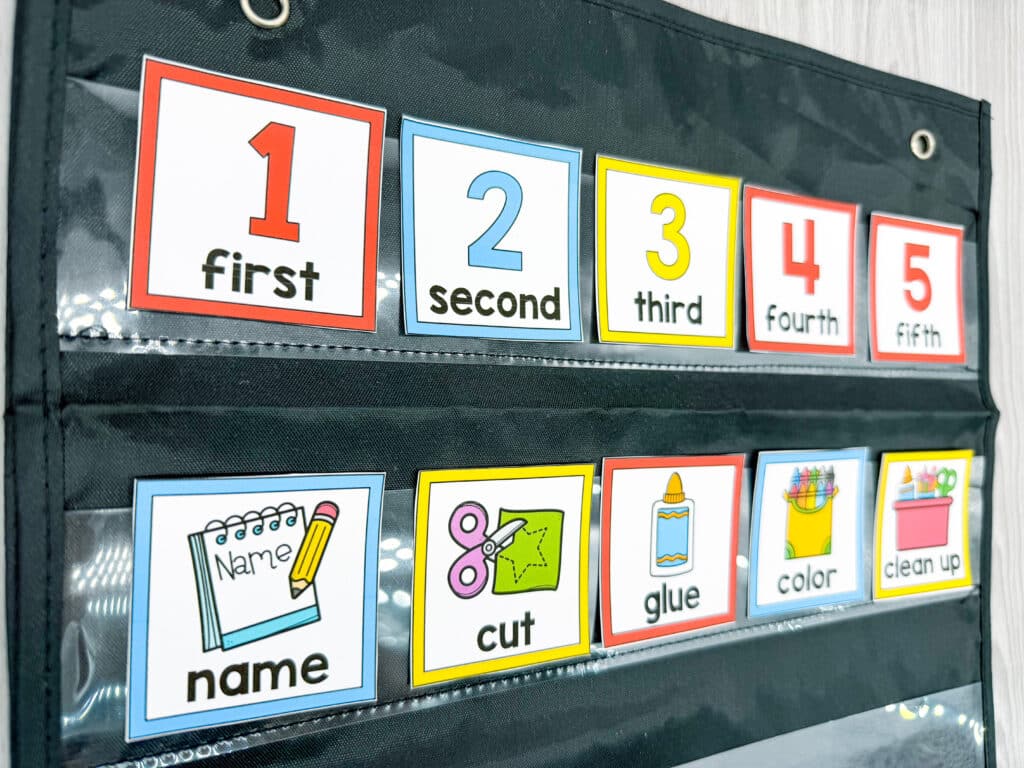 A close-up view of picture direction cards in a pocket chart