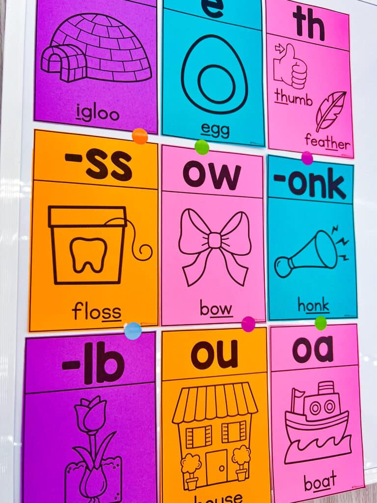 Phonics posters printed onto colorful paper