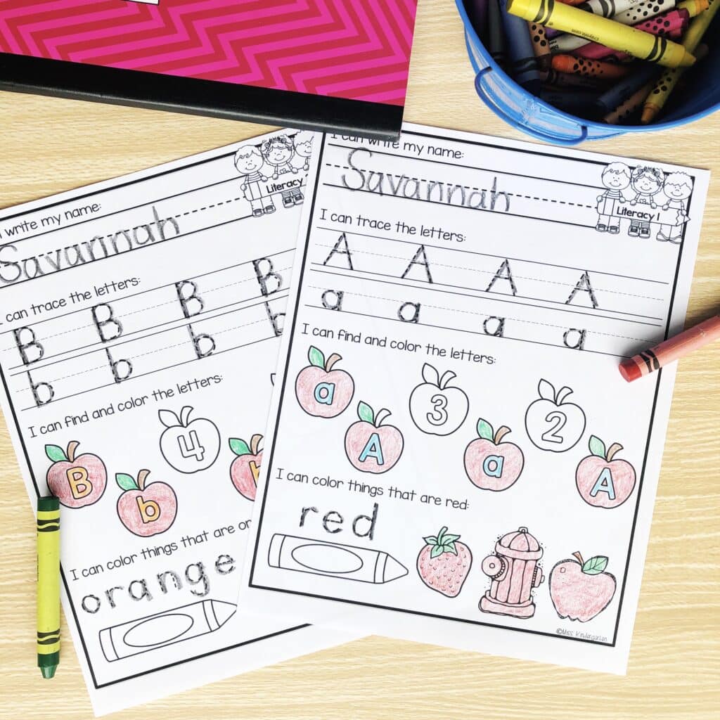 Two morning work printables with alphabet practice and color words