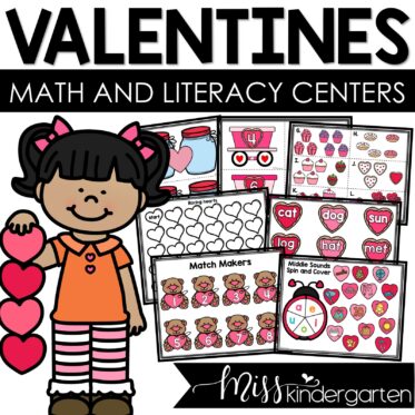 Image is the cover photo for a Valentines Math and Literacy Centers product. It shows multiple pages of Valentine's Day centers and clip art of a girl holding hearts.