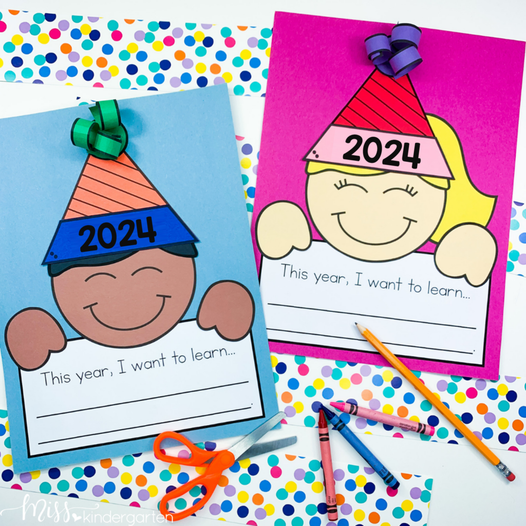 Two crafts with smiling children holding a writing paper and wearing paper hats with 2024 printed on them.